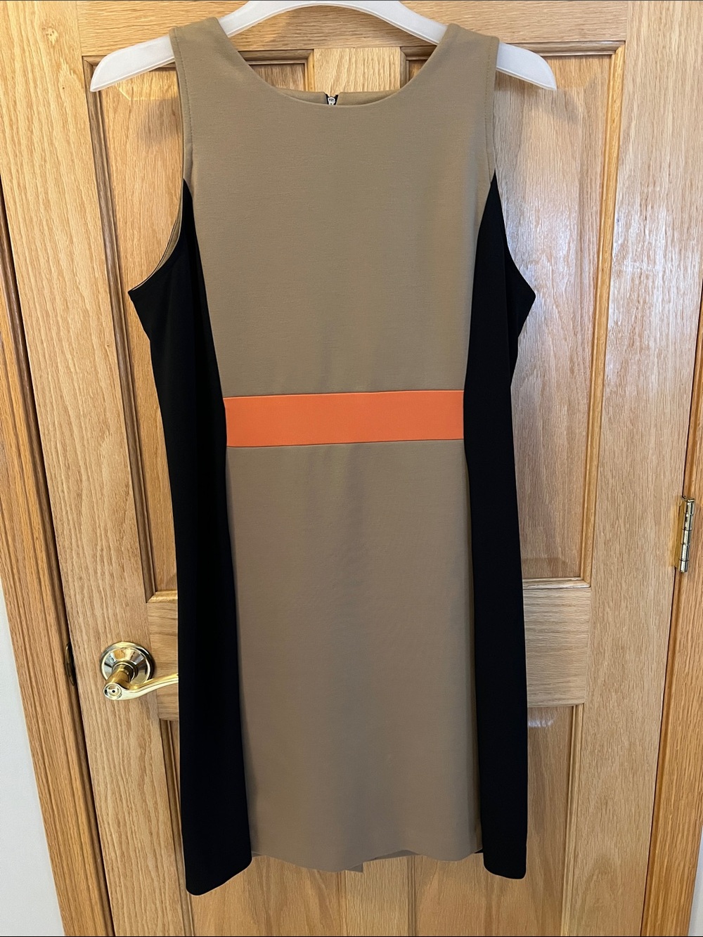 Anne Klein Taupe Shift Dress with Black Panels & Orange Waist